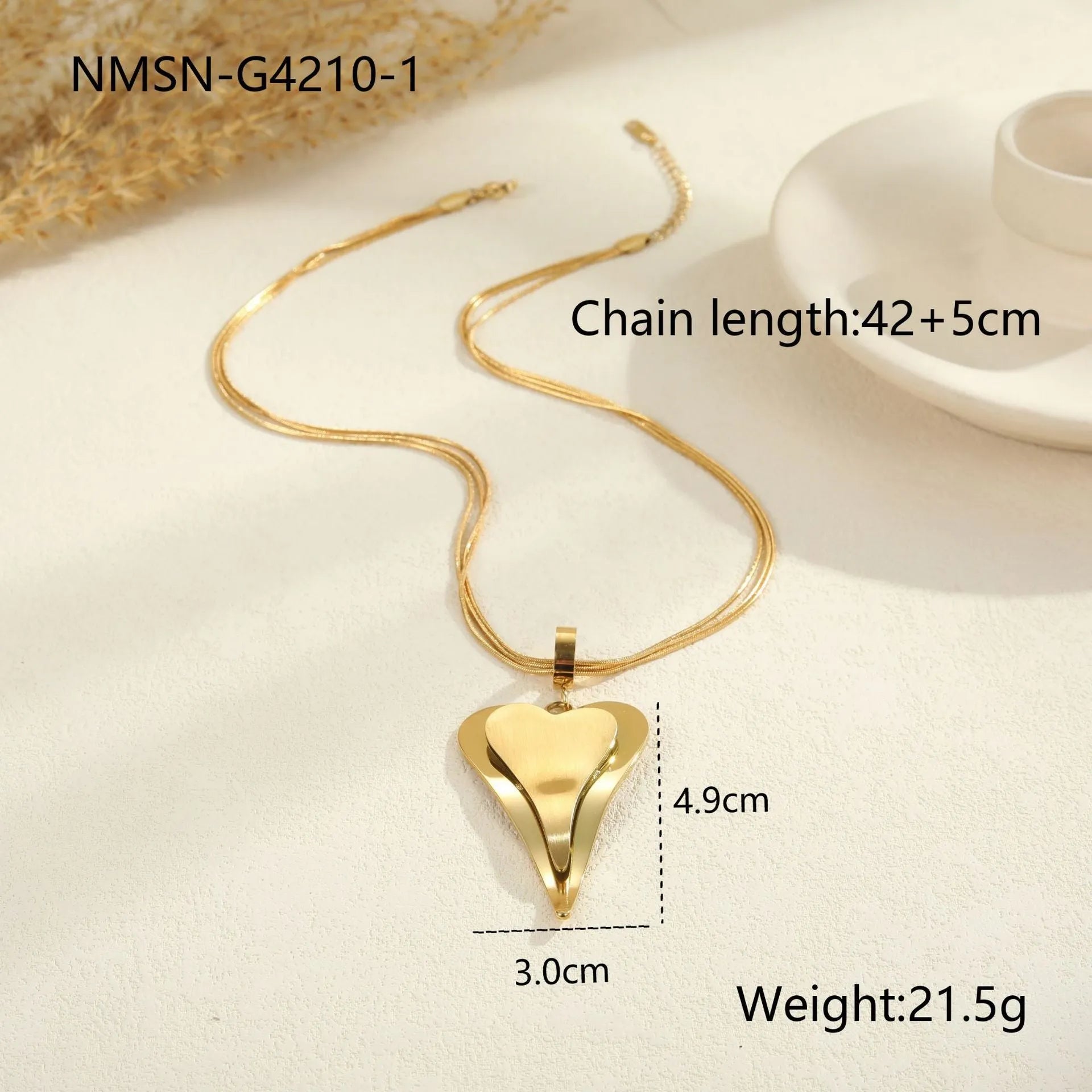 Double heart geometric pendant with snake bones chain design stainless steel necklace for women in gold or steel finish