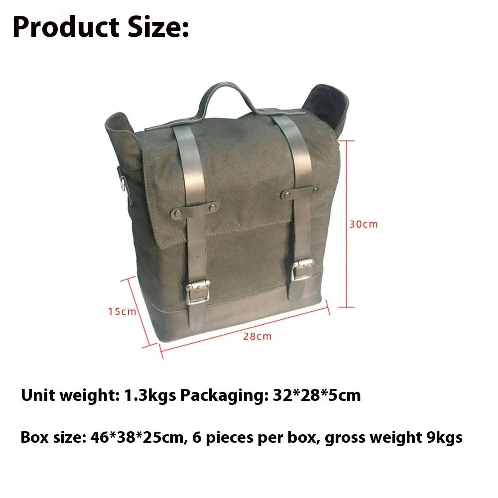 Thick waterproof canvas motorcycle side bag in black with cowhide top and adjustable straps
