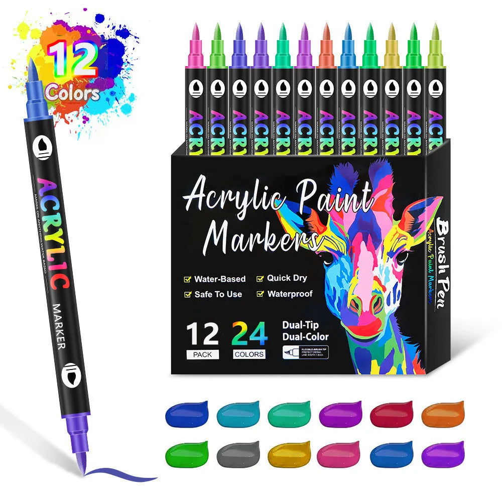 Set of double-headed acrylic marker pens showing broad and fine tips, in assorted opaque colours.
