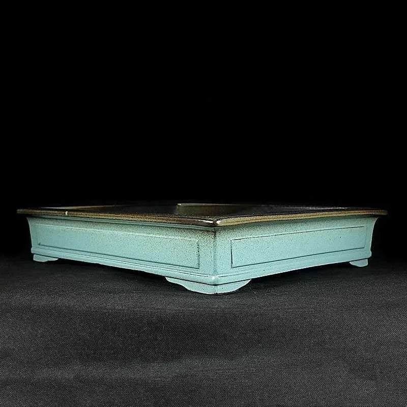 Green handmade ceramic bonsai pot with retro crackled glaze
