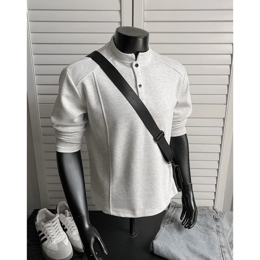 Men's patchwork polo shirt with stand-up collar and asymmetric design in heather gray
