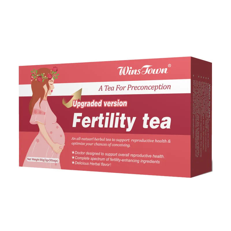 Box of Fertility Tea showing three packs of 30 herbal tea bags each for daily brew wellness supplement