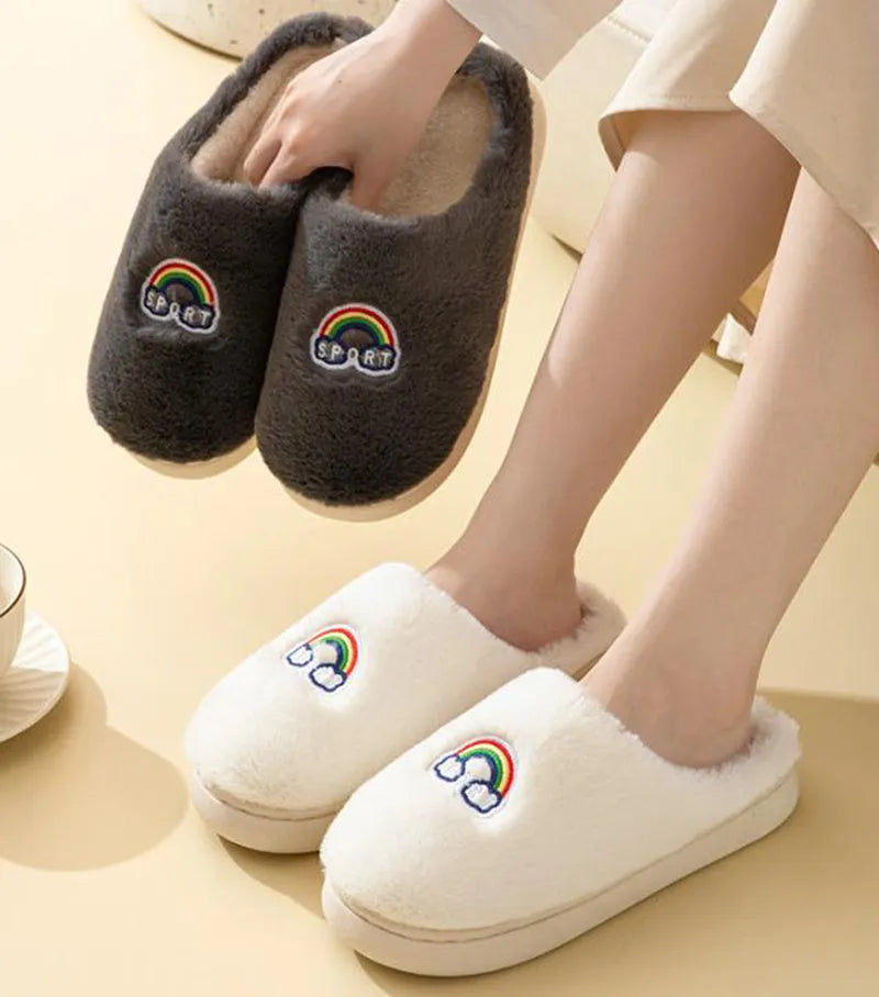 Kawaii rainbow embroidered plush slippers with rubber sole, wrapped toe, round heel, available in multiple colours