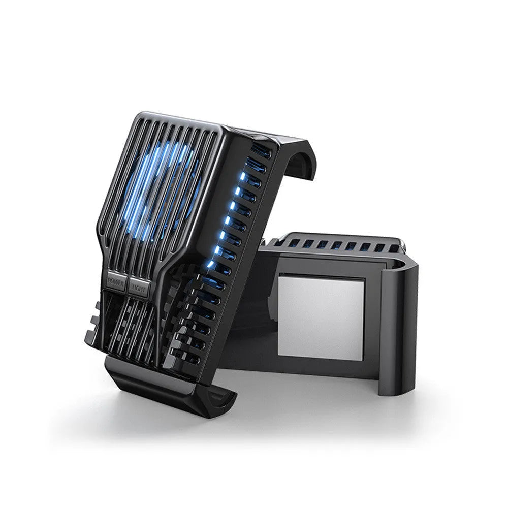 Black mobile phone radiator with clip, aluminium alloy body, attached to a smartphone for cooling.