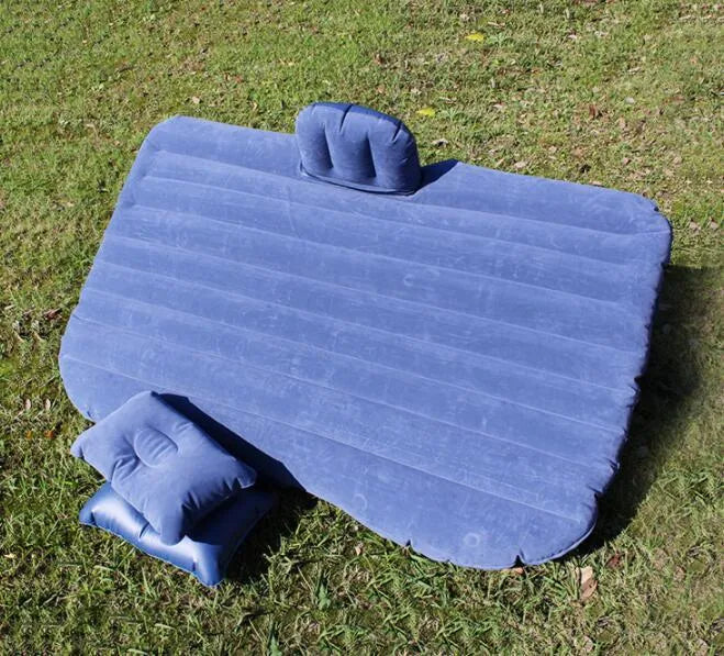 Car inflatable bed with ultra-thickened 0.5mm flocking cloth in Black Wave colour, shown inflated in rear of five-seater car