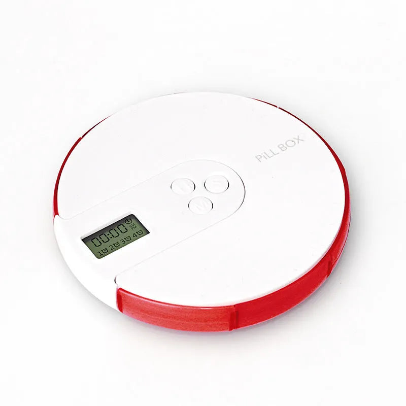 7-compartment alarm clock pill dispenser with programmable timer showing eight colour options