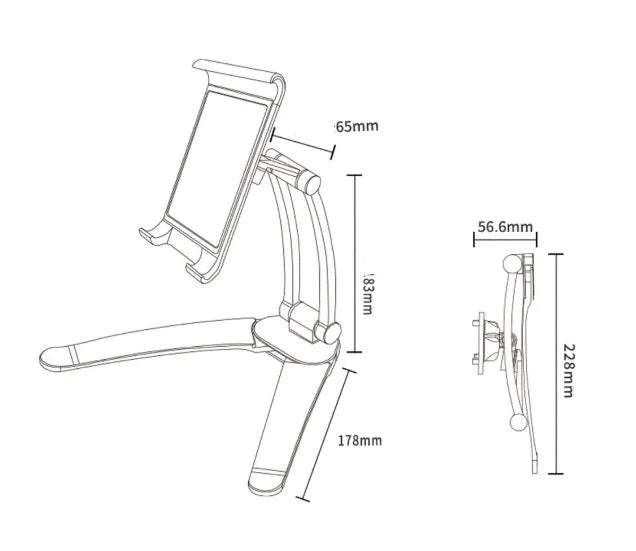 Silver aluminum desktop tablet stand with white ABS base, showing adjustable clip holding a tablet.