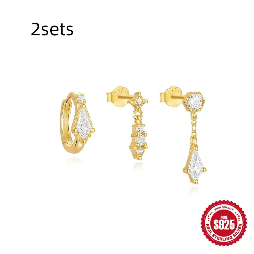S925 sterling silver geometric zircon tassel earring set for women, three stud pieces in gold colour.