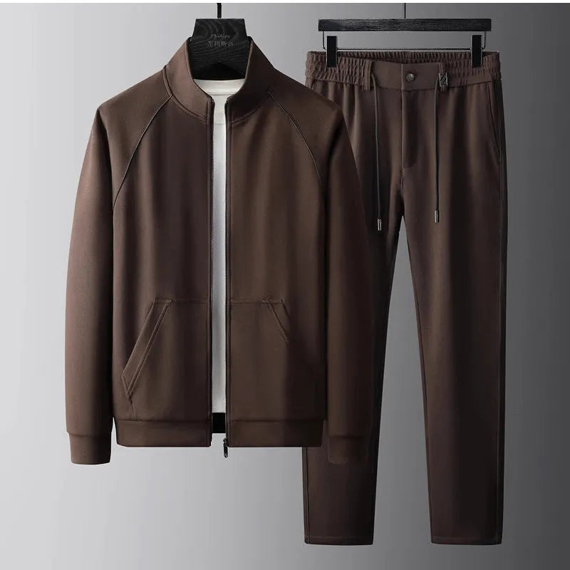Men's slim-fit stand collar sports jacket and trousers suit set in Vinylon fabric.