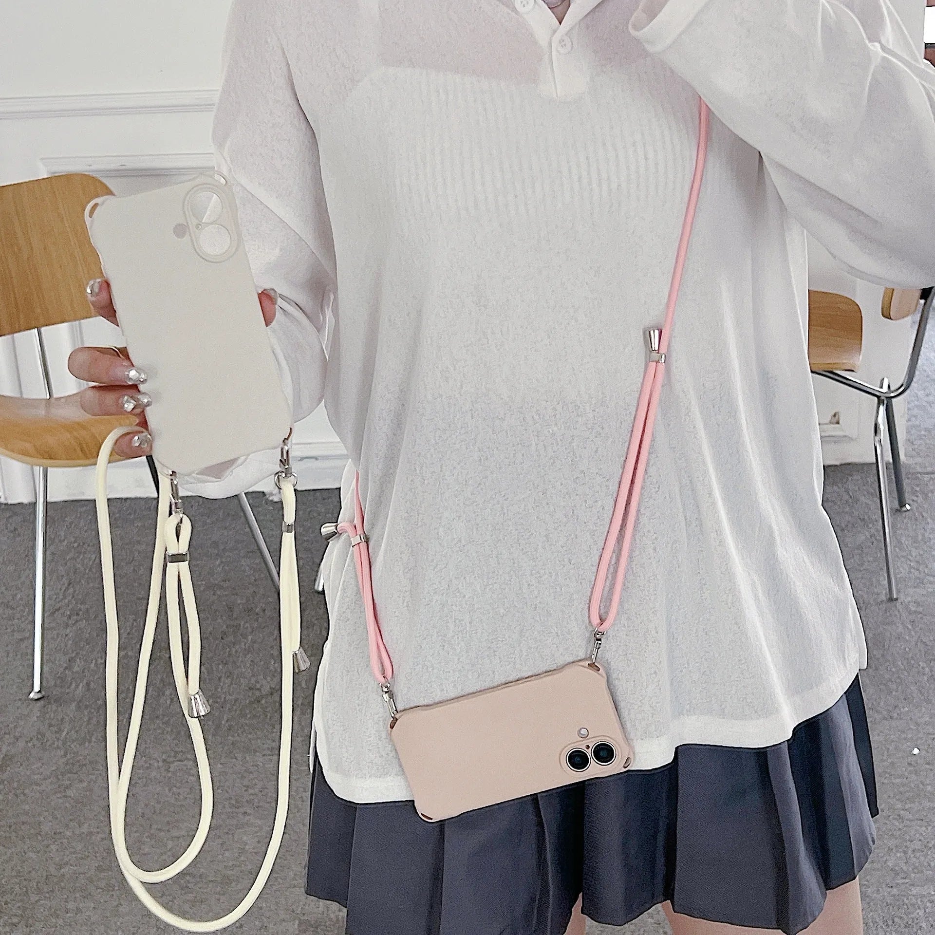 Four-corner cross lanyard liquid silicone phone case for Apple iPhone 16, soft anti-fall, antique white colour