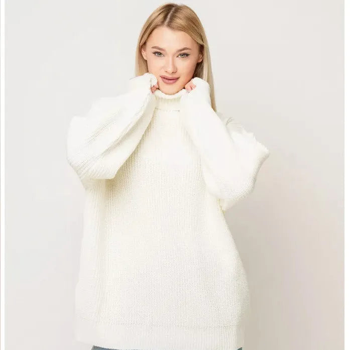 Women's thick imitation cashmere pullover sweater in loose fit with high neck and 3D pattern