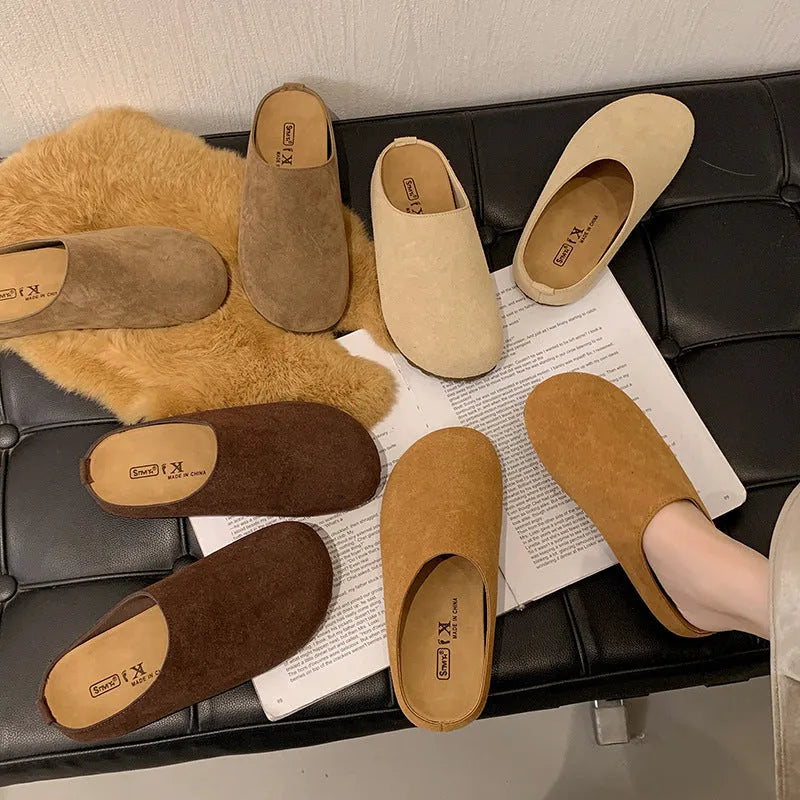Korean style microfiber slip-on slippers with square toe in apricot colour