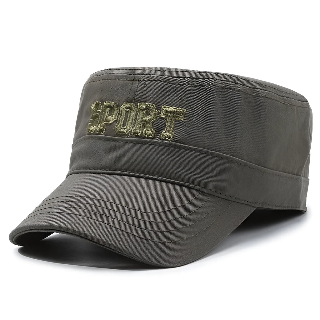 Men's flat-top cotton peaked cap in army green with an adjustable strap and a dome crown.