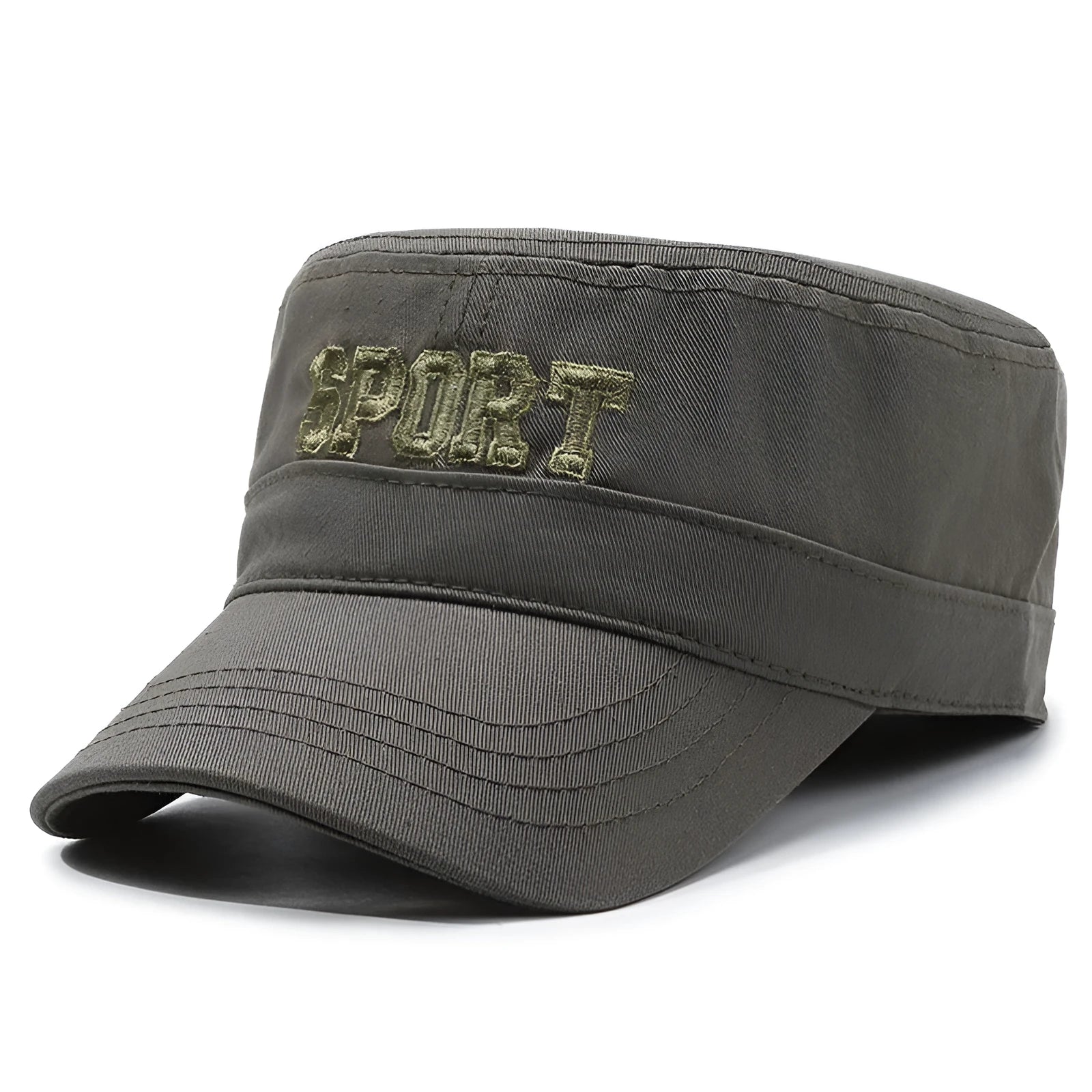 Men's flat-top cotton peaked cap in army green with an adjustable strap and a dome crown.