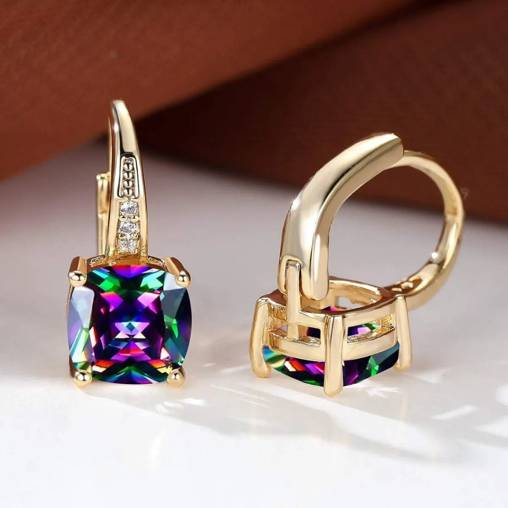 Square geometric ear clips with colourful moissanite inlays and electroplated gold finish