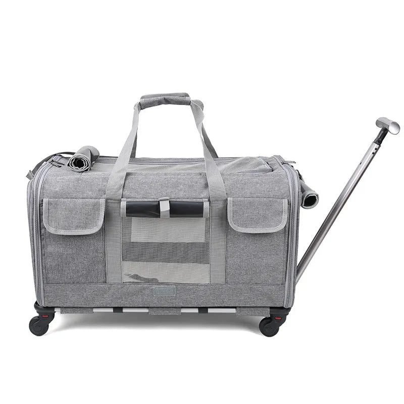 Foldable pet trolley bag in Oxford material with 17.50kg load capacity, solid colour design for cats and small dogs