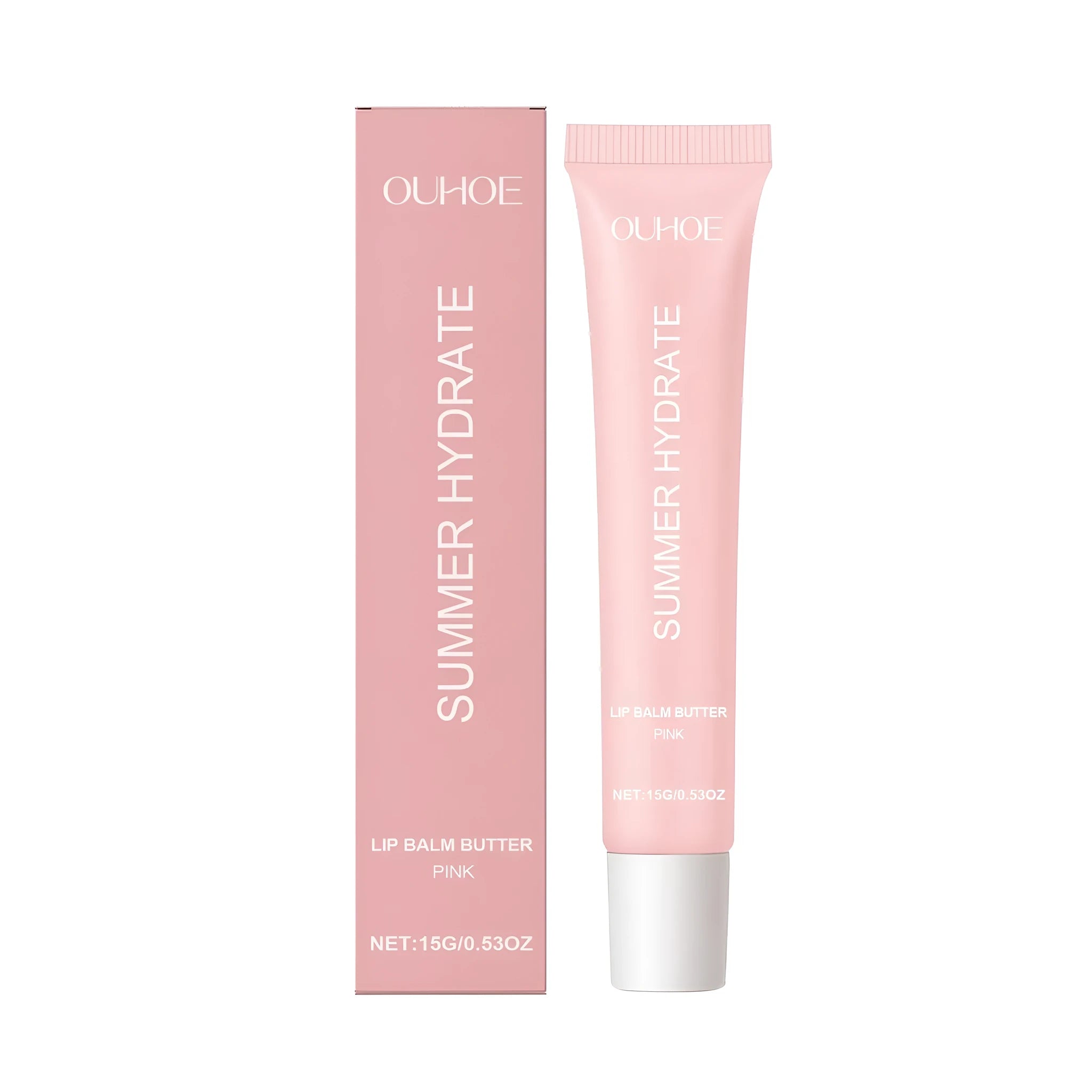 Pink lip balm butter stick with shea butter and vitamin E in lipstick format
