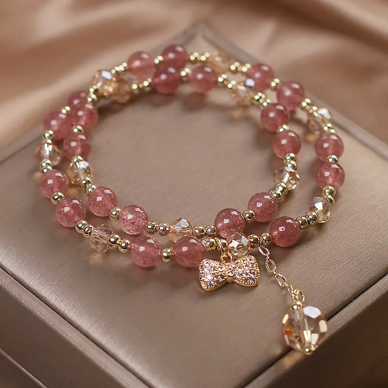 Strawberry quartz double layer bracelet with Lucky Cat charm in red cat's eye flowers colour