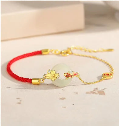 Koi Peace Buckle Hetian Jade Red Rope Bracelet, 925 silver, gold electroplated, retro women's bracelet