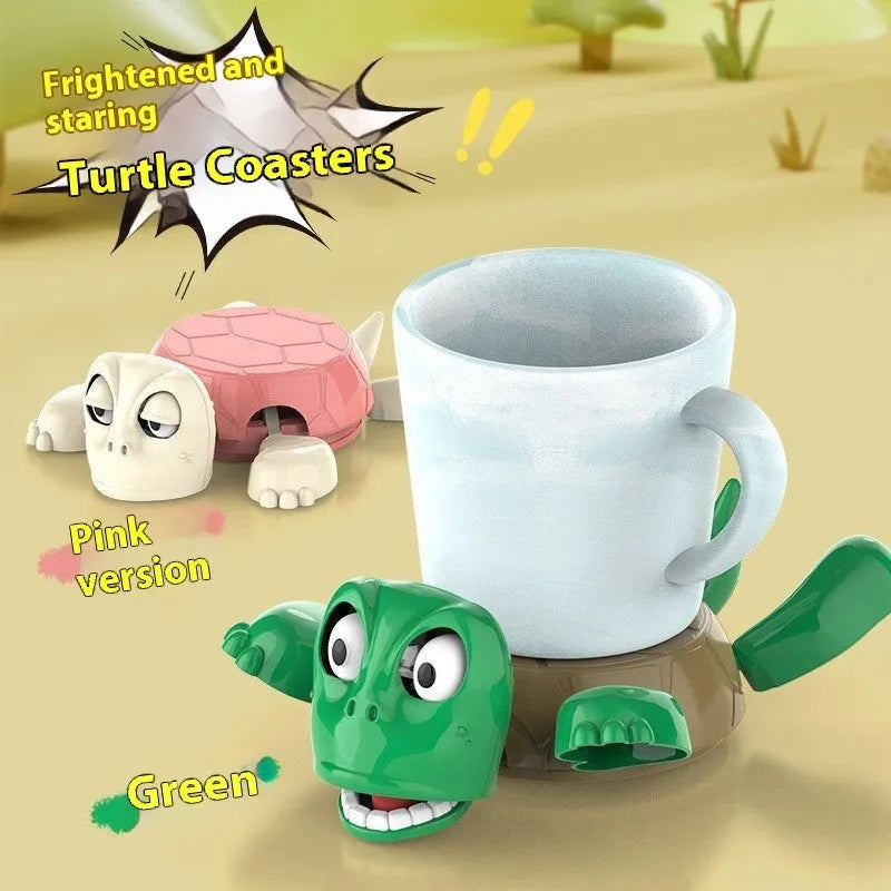Turtle-shaped ABS plastic drink coaster in light green colour on wooden table