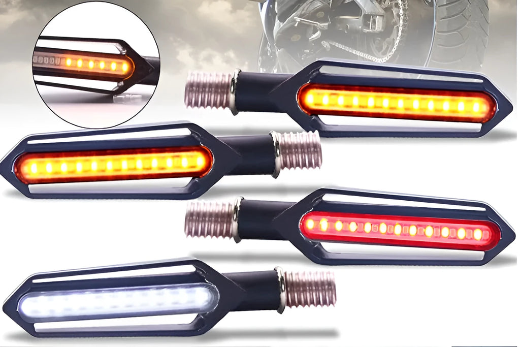Set of four motorcycle turn signal lights with word streamer mode, 10mm bolt mount, blister card packaging