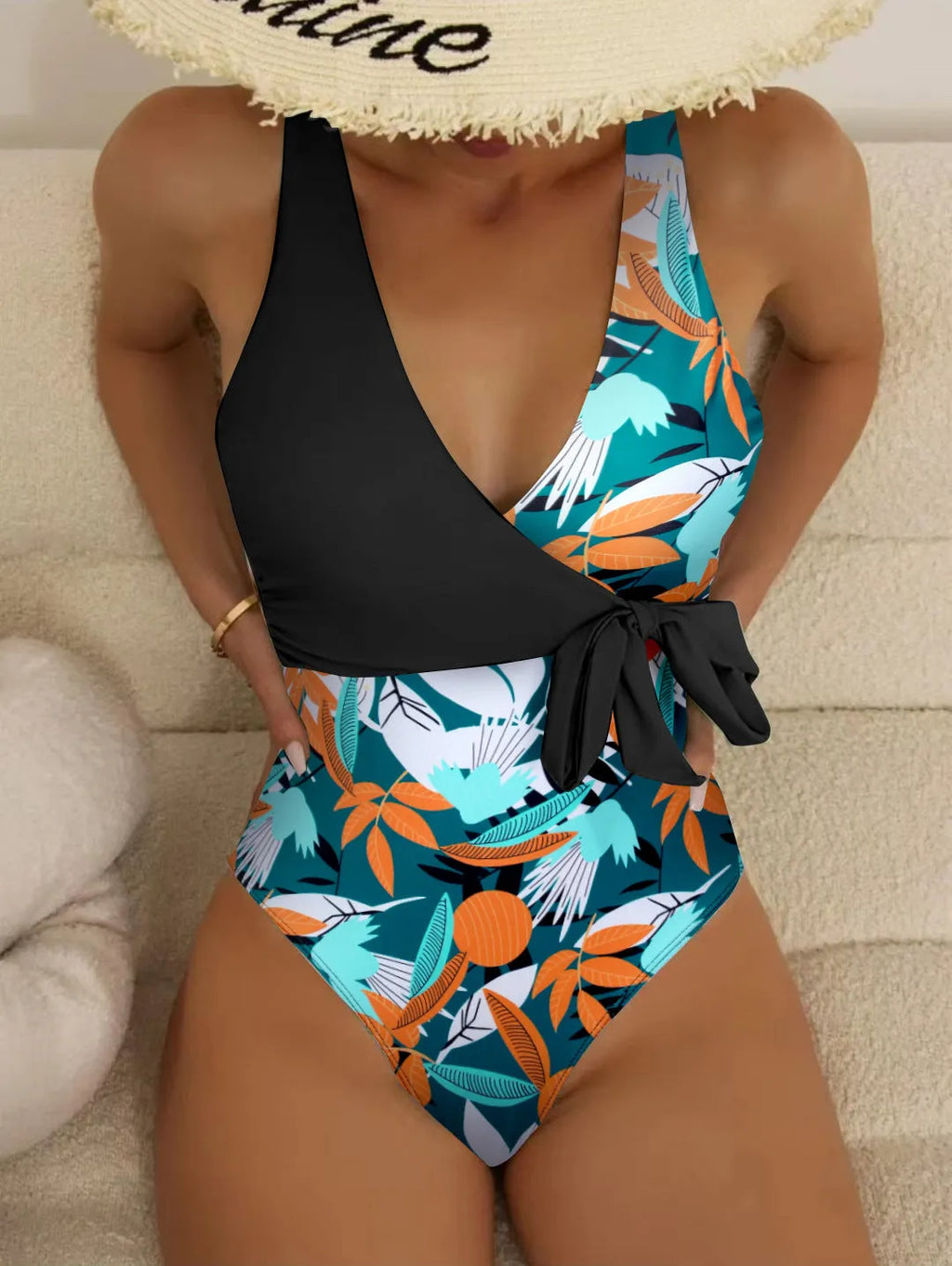 Women's high-waisted printed one-piece bikini with quick-dry lining for swimming