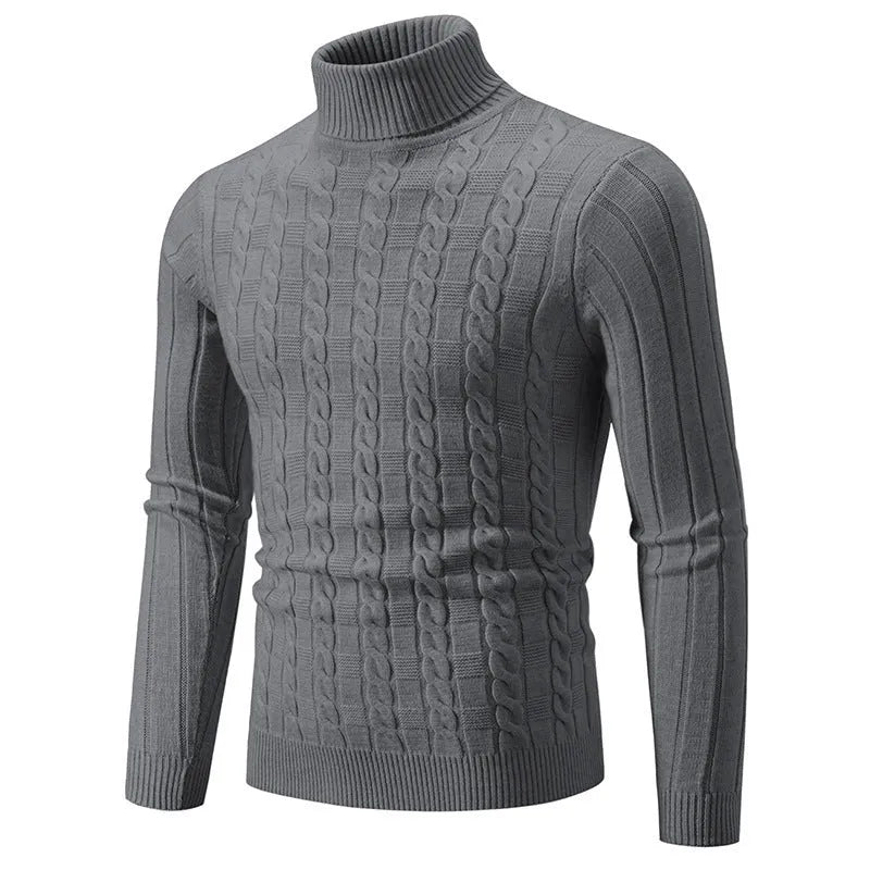 Men's slim fit turtleneck pullover jumper in spandex chenille fabric on a model.