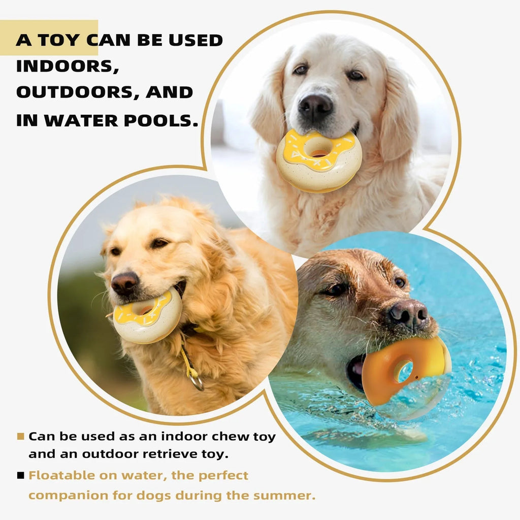 TPR molar cleaning dog toy with squeaker in donut shape, 118mm diameter, pink yellow chocolate colour options