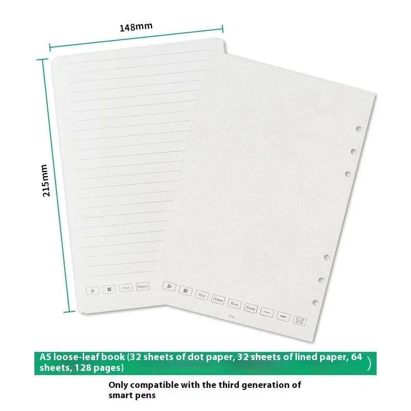 Loose leaf spiral notebook core with Zodiac Forest Paper and nine pen refills including ballpoint, pencil, and plastic types.