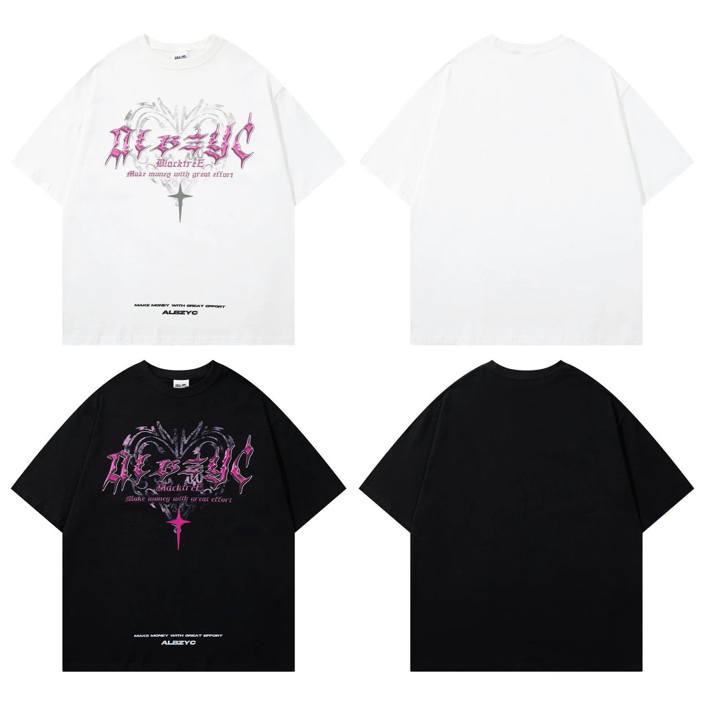 Men's retro printed cotton t-shirt in white or black with loose fit and short sleeves