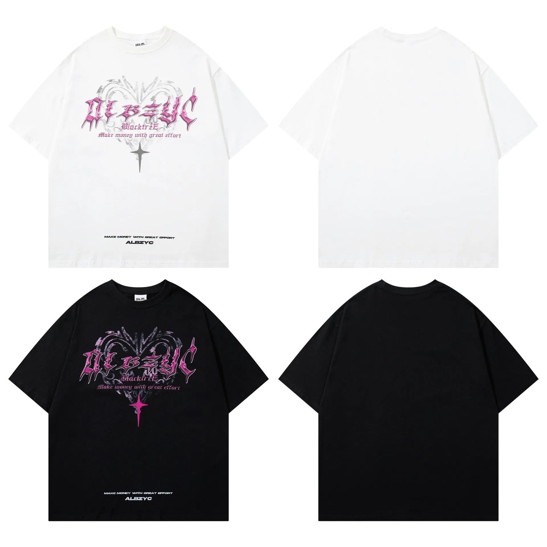Men's retro printed cotton t-shirt in white or black with loose fit and short sleeves