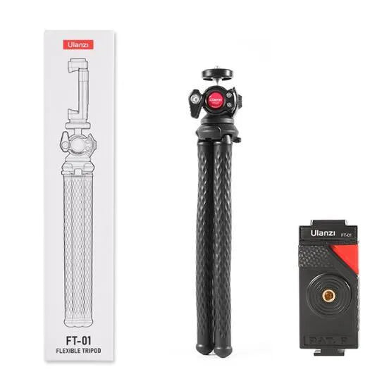 Black octopus-style flexible phone tripod with mobile clip on aluminium stand
