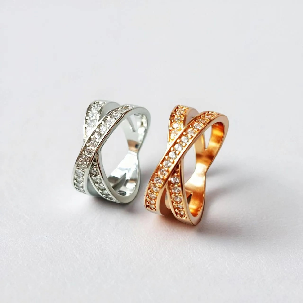 European style metal cross ring with micro-inlaid zircon in silver or rose gold electroplated finish