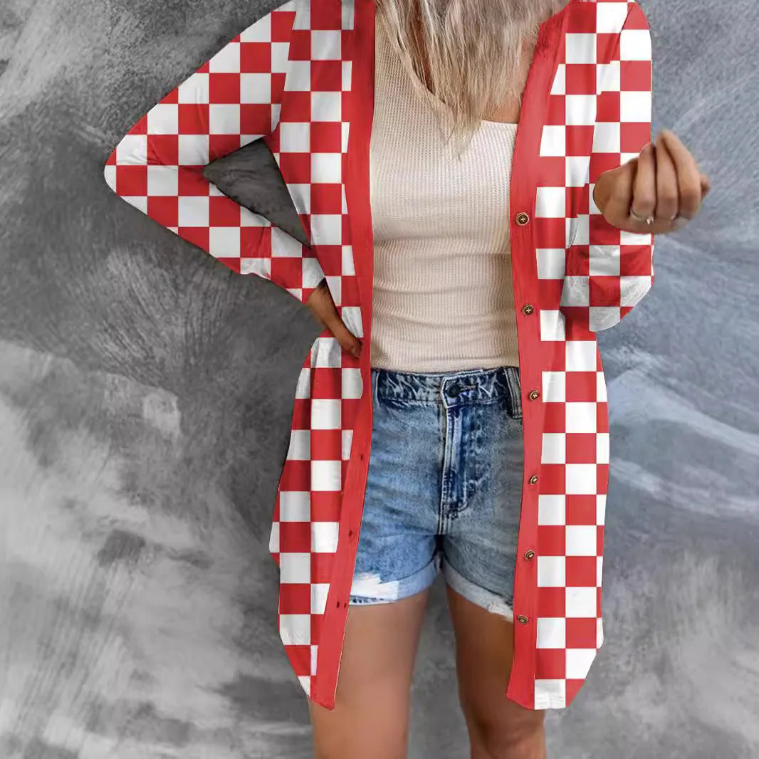 Women's long plaid knitted cardigan coat in polyester with contrast colour pattern