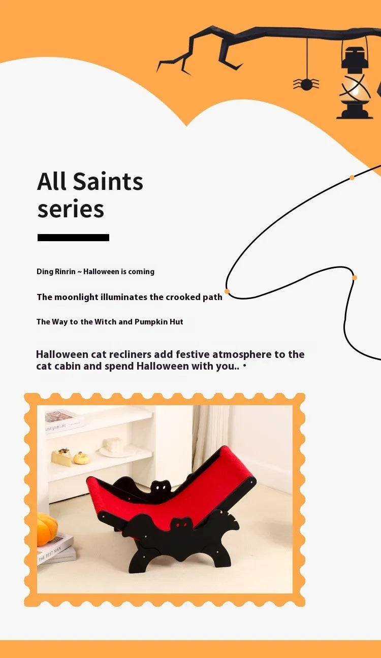 Black and red Halloween bat design wooden cat recliner bed, model MW-054, on a white background.