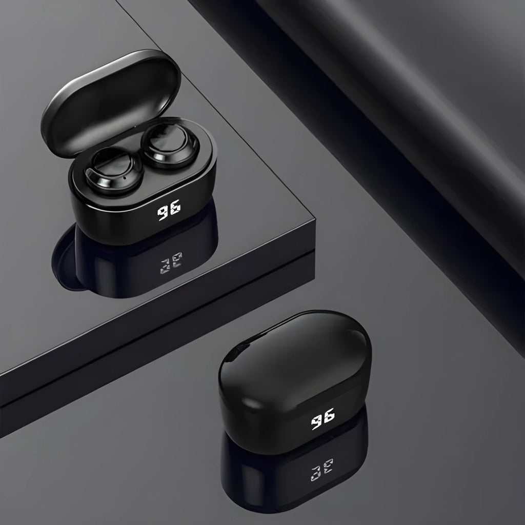 Black stereo Bluetooth headset showing earbud design with wireless connectivity features