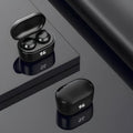 Black stereo Bluetooth headset showing earbud design with wireless connectivity features