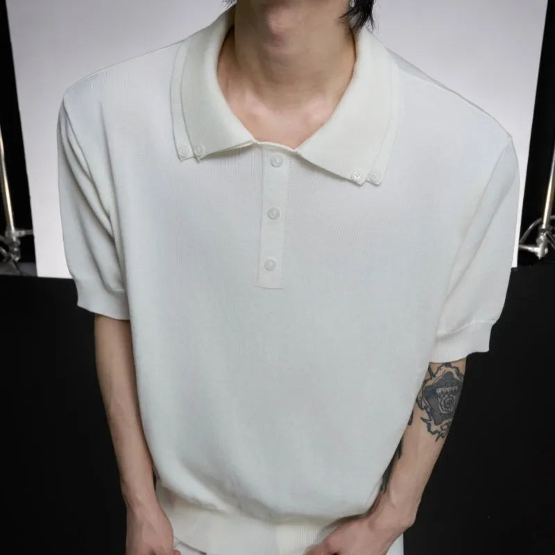 Men's black short sleeve knit shirt with a double collar lapel design and slim loose fit