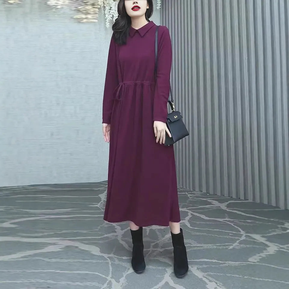 Purplish red plus size women's dress with extra long sleeves and long skirt for autumn and winter wear