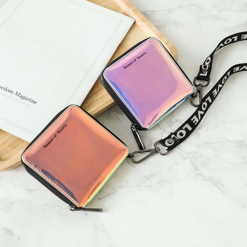 Women's short folding Korean style wallet in crystal blue, magic nail glitter, or symphony green colours showing 11cm dimensions