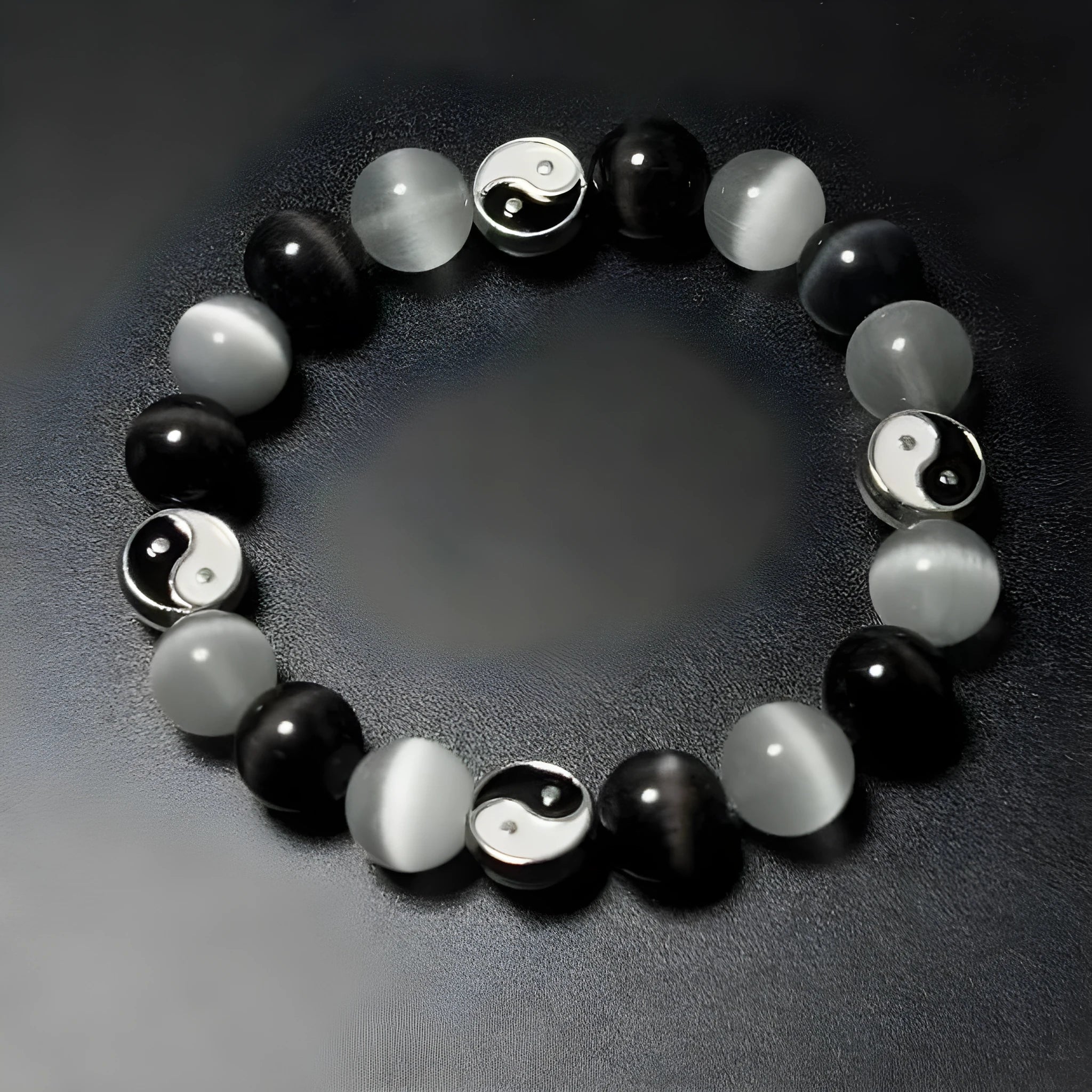 Natural stone opal agate Tai Chi bracelet with 10mm polished beads and black agate detail, unisex design on neutral background