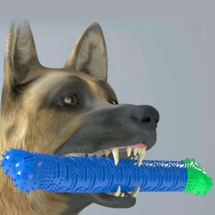 Blue green dog dental cleaning toy with silicone bristles and rope core measuring 25 cm