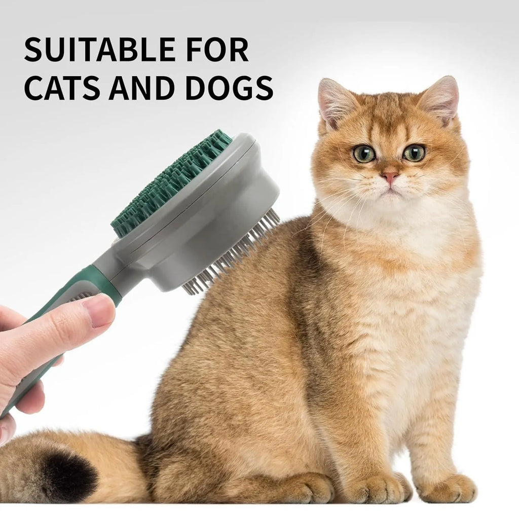 Green two-sided pet brush with slicker pins on one side and silicone massage teeth on other side