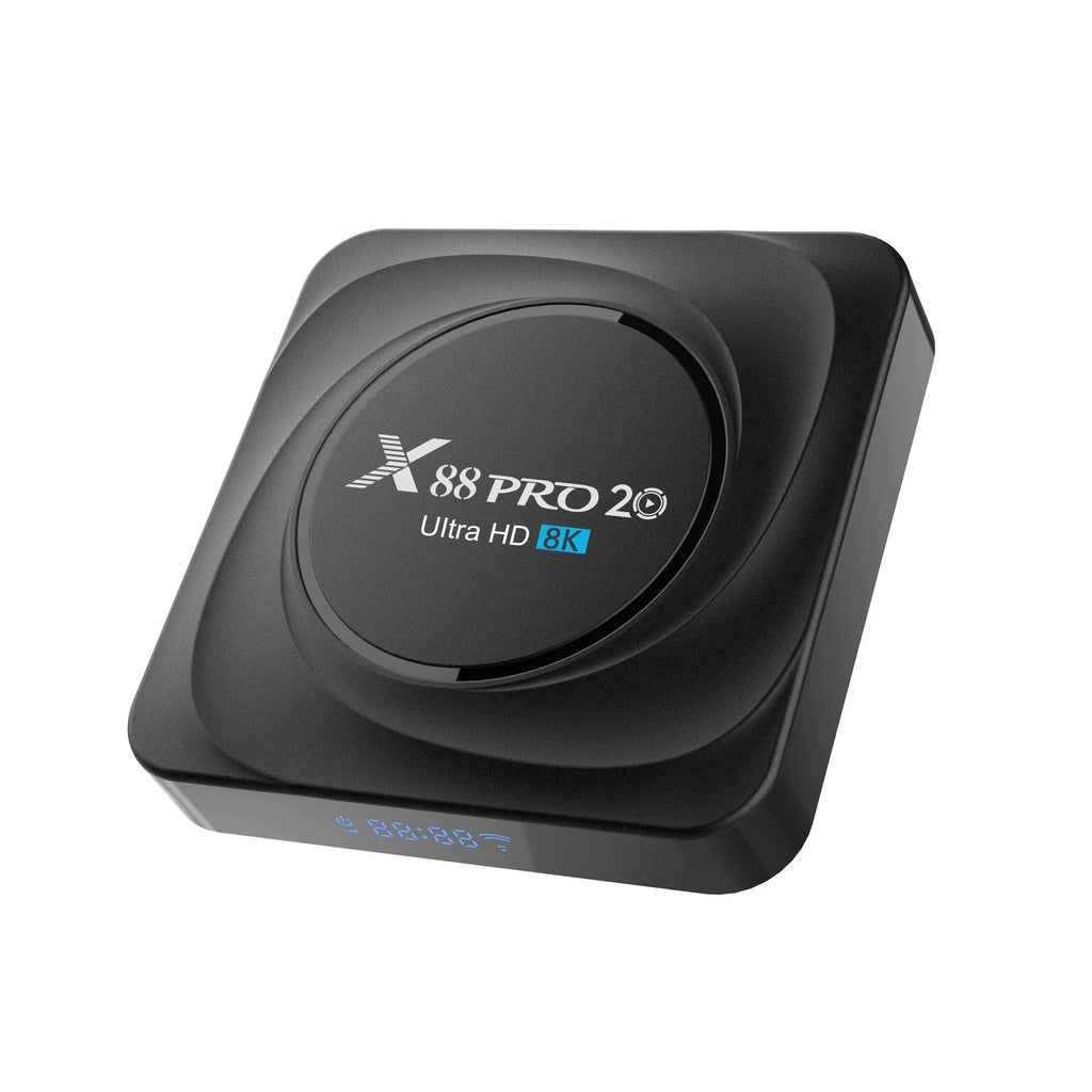 Set-top dual-band WiFi Bluetooth TV box with Android 11.0 and HDMI output, 100x100x1 mm