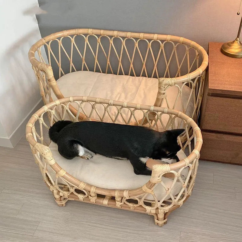 Handmade rattan woven pet bed for dogs and cats in natural brown colour