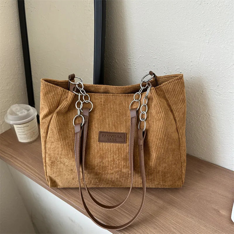 New corduroy one-shoulder tote large capacity handbag for women in brown with three-dimensional pocket