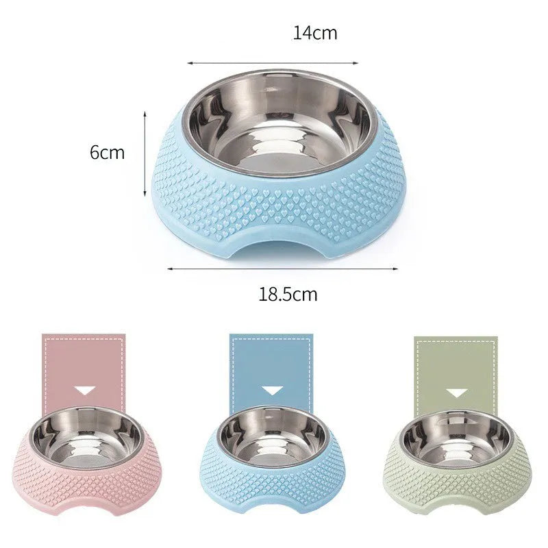Stainless steel pet bowl with non slip base in blue green pink options for cat dog feeding