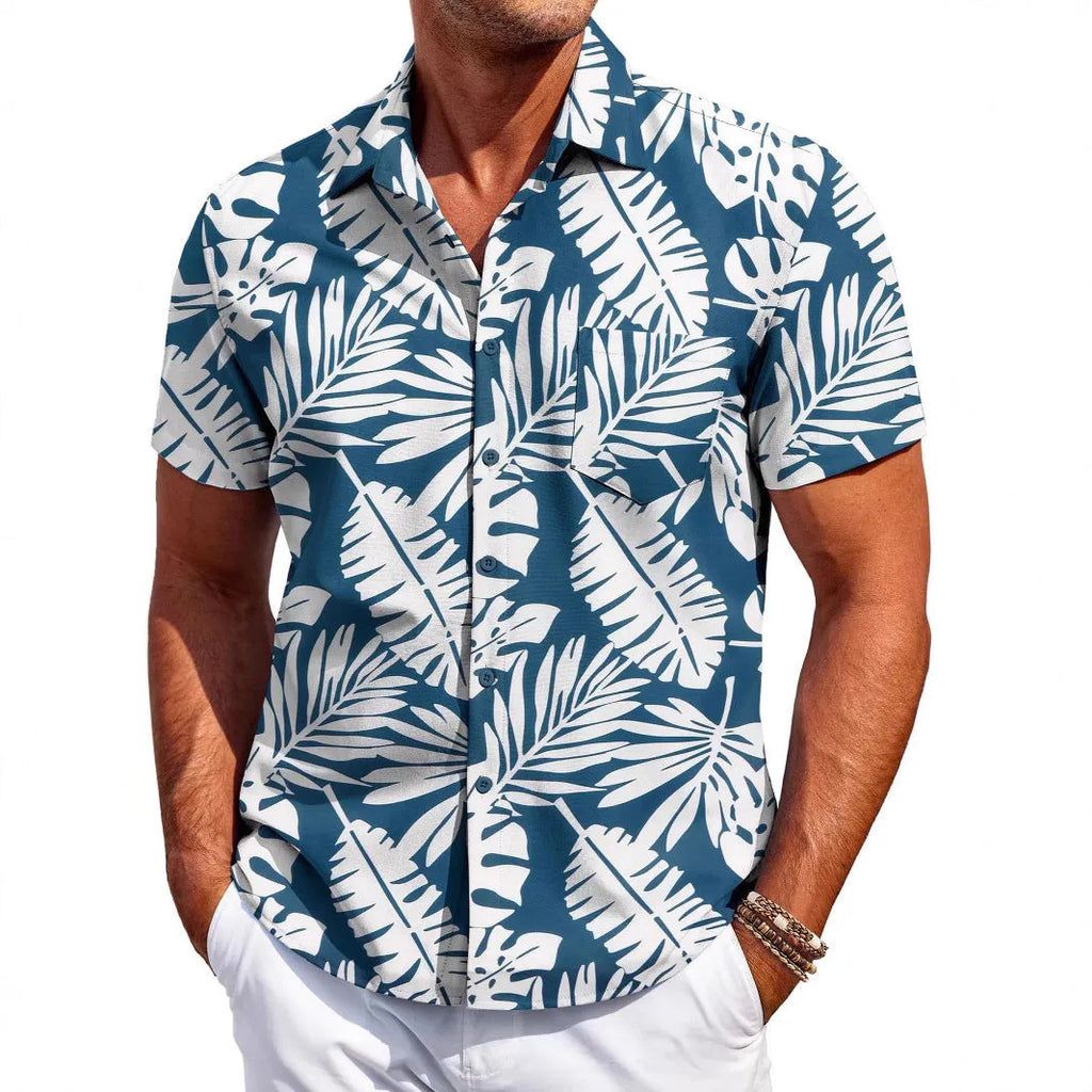 Men's slim fit short sleeve Hawaiian shirt in four-sided elastic polyester fabric for summer.