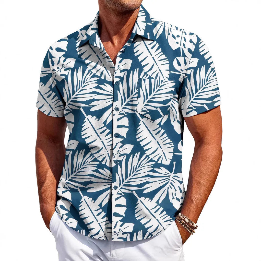 Men's slim fit short sleeve Hawaiian shirt in four-sided elastic polyester fabric for summer.