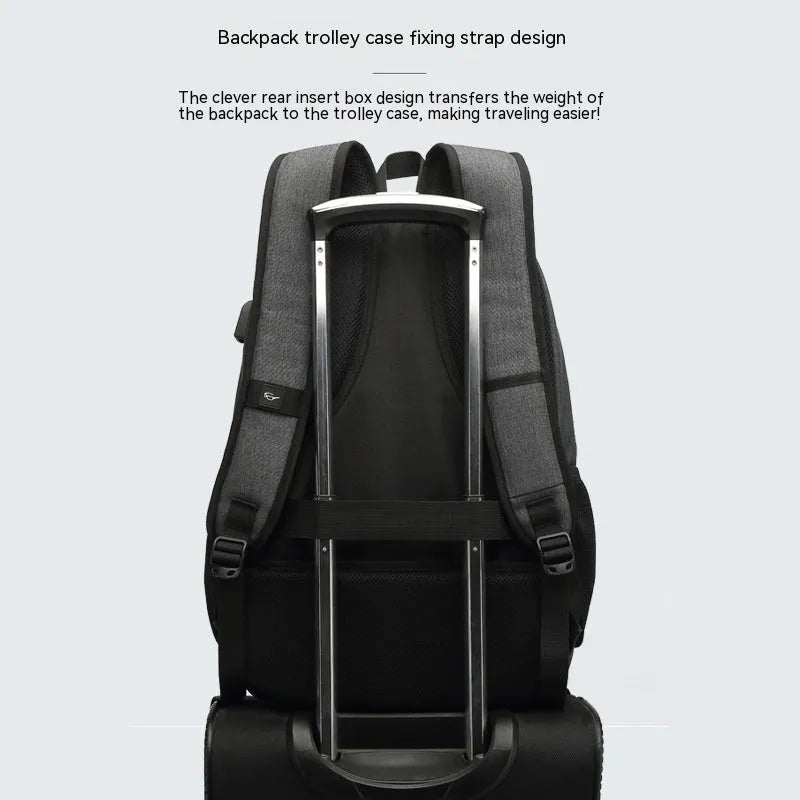 Grey lightweight charging backpack with USB port and trolley case compatibility